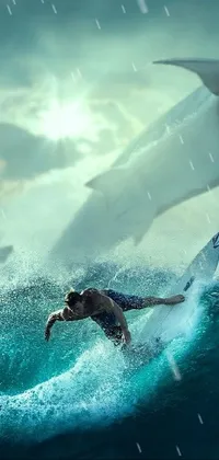 This phone live wallpaper features an incredible, surreal design of a man riding a wave on top of a shark