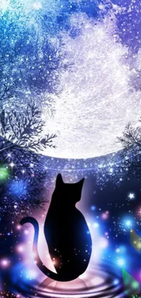 This mesmerizing phone live wallpaper captures a magical cat sitting in water amidst a stunning digital art based on the trending popular Pixabay style