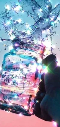 This live wallpaper showcases a jar filled with sparkling water that glows with colorful light
