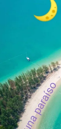 This phone wallpaper boasts an aerial view of a crescent beach with a beautiful purple water backdrop