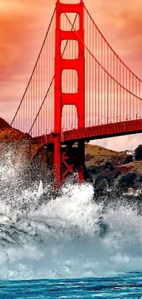 This phone live wallpaper features a surfer riding a wave in front of the golden gate bridge in vibrant digital art