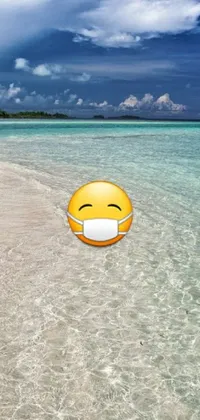 This vibrant live wallpaper for your phone features a yellow smiley face sticking out of crystal-clear water on a beautiful tropical beach with palm trees