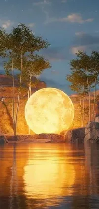 This phone live wallpaper depicts a full moon rising over a body of water, with surreal digital art in 4K resolution