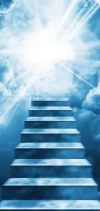 This live wallpaper depicts a serene stairway leading to a bright sky with flying toasters in the background