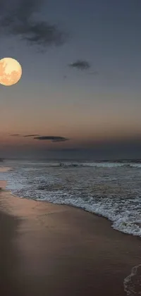 This phone live wallpaper features a beautiful full moon rising over a serene beach with waves crashing against the shore