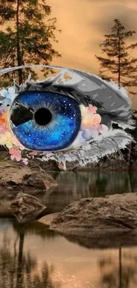 This phone live wallpaper features a blue eye on a rock near a body of water