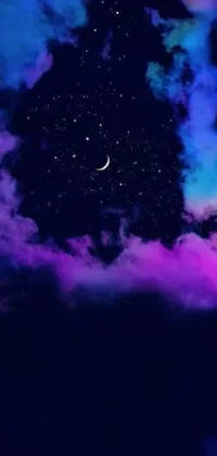 This live wallpaper showcases a stunning night sky with drifting clouds and a shining crescent moon, immersed in colorful galaxy hues