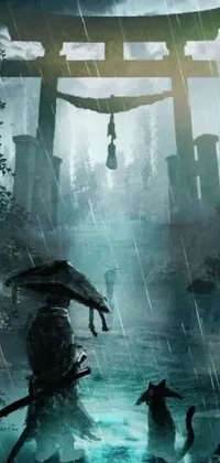 This phone live wallpaper showcases beautiful fantasy art of a figure holding an umbrella in a misty, cyan-hued mountain scene with trees and a torii gate