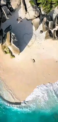 This phone live wallpaper is a hyperrealistic bird's eye view of a sandy beach
