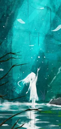 This live wallpaper features a stunning painting of a woman standing in snowy water