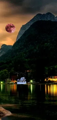 Enhance the beauty of your phone with this stunning live wallpaper featuring a boat on a picturesque lake under a peachy-pink, full moon