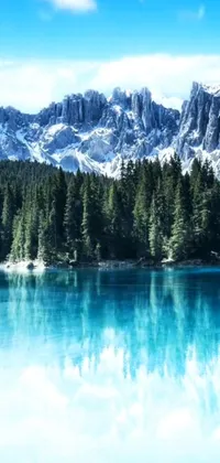 This phone live wallpaper depicts a tranquil mountain lake surrounded by trees in the Dolomites