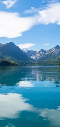 This phone live wallpaper showcases a picturesque fjord with towering green mountains as the backdrop