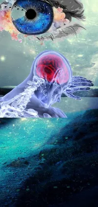 This live wallpaper features a surreal digital art inspired by nautilus brain, showcasing an astronaut sitting on a bench under the sea