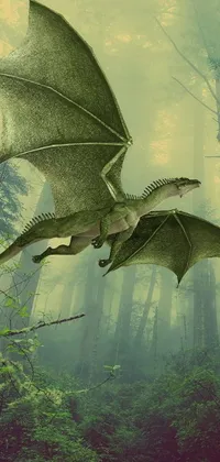 This phone live wallpaper depicts a green dragon flying through a mystical forest on an iPhone background
