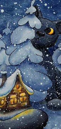 This phone wallpaper features a charming snowy scene with a cat peeking out of a cozy house