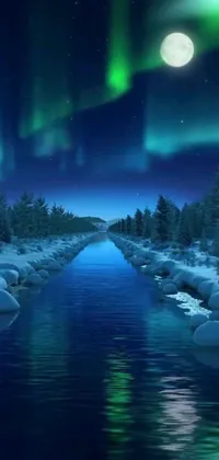 This stunning live wallpaper showcases a full moon over a misty river flowing through a dense forest