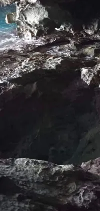 Discover a stunning live wallpaper for your phone that portrays a dark and mysterious cave situated on the rocky shoreline next to the ocean in Uttarakhand, India