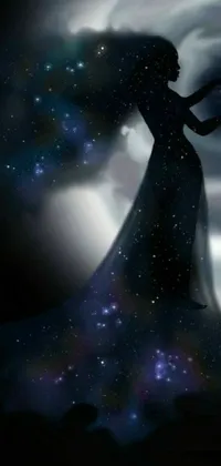 This phone live wallpaper showcases a detailed silhouette of a woman holding a luminous star in her hand