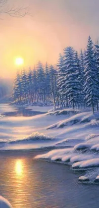 This live wallpaper features a beautiful painting of a winter landscape with a river and snow-covered trees