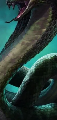 This dynamic live wallpaper features a realistic close-up of a venomous cobra snake with its mouth wide open