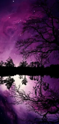 This live wallpaper features a beautiful reflection of a serene tree in the water, with a stunning purple space-inspired background