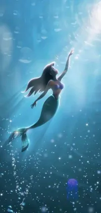This live wallpaper depicts two mermaids swimming in the ocean