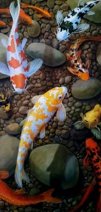 This phone live wallpaper features a beautiful airbrush painting of koi fish swimming in a serene pond, inspired by a Japanese garden