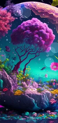This phone live wallpaper showcases a breathtakingly colorful landscape inspired by psychedelic art