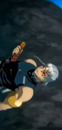 This live wallpaper for your phone showcases an exciting and daring scene of a white-haired character soaring through the air while holding a tennis racquet