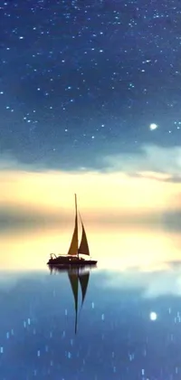 This phone live wallpaper showcases a breathtaking scene of a sailing boat floating gracefully on a tranquil body of water while the starry night sky above adds to its serene beauty
