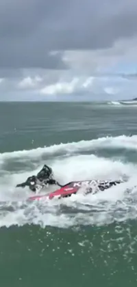 Enjoy the thrilling sight of a surfer riding on a wave in this phone live wallpaper