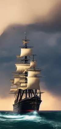 Indulge in the breathtaking beauty of this phone live wallpaper featuring a majestic ship sailing atop a serene body of water during an evening storm