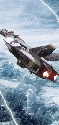 This phone live wallpaper features a stunning fighter jet flying through a cloudy sky in the pouring rain
