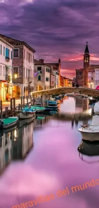This Italian inspired wallpaper features a group of boats floating along a peaceful river with a beautiful bridge in the distance