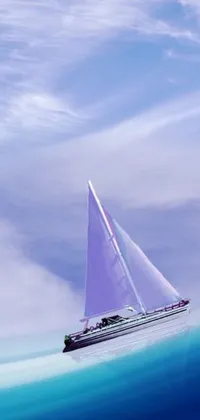This phone live wallpaper features a serene digital rendering of a sailboat floating in the vast ocean against a soft, lilac-colored sky