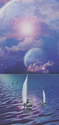 This mobile phone live wallpaper features sailboats gliding on a digital artwork of a reflective lavender ocean, mirroring the moonbeams above