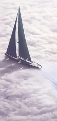 This phone live wallpaper showcases a picturesque sailboat floating on a sea of clouds, captured in a conceptual artwork with a bird's eye view