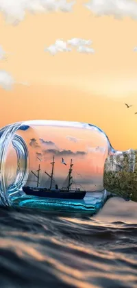 This phone live wallpaper features a stunning digital art showcasing a ship in a bottle floating on a peaceful body of water