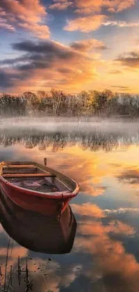 This stunning live wallpaper features a serene boat floating peacefully on a body of water surrounded by lush greenery, portraying a beautiful morning in springtime