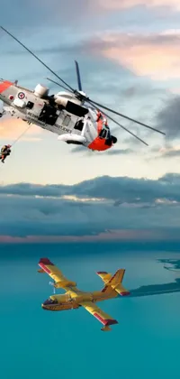This phone live wallpaper showcases a splendid digital collage of a plane and a helicopter flying over a breathtaking body of water