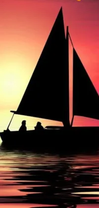 This mobile wallpaper depicts a sailboat drifting on a calm body of water with a highly detailed silhouette
