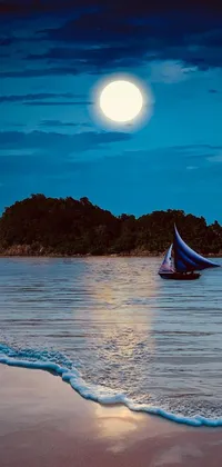 Enjoy a soothing view of a boat softly rocking on calm waters, surrounded by a mesmerizing full moon and a scenic island, with this stunning live wallpaper for your phone