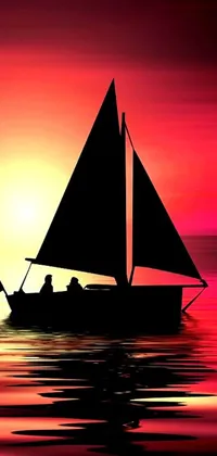 This live wallpaper features a stylized silhouette of a boat floating on water at sunset