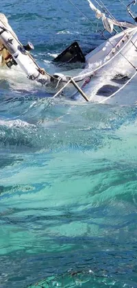 This live phone wallpaper showcases an aquamarine-hued sea with a damaged boat drifting on its surface