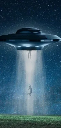 This phone live wallpaper features an exciting scene of a man falling off a flying saucer into a peaceful field