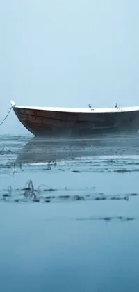 This phone live wallpaper showcases a serene and peaceful image of a wooden boat floating atop a body of water, complete with a soft pale blue fog set in the background