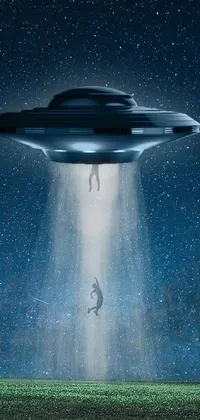 This live wallpaper depicts a surreal scene of a grey alien spacecraft hovering in a starry night sky