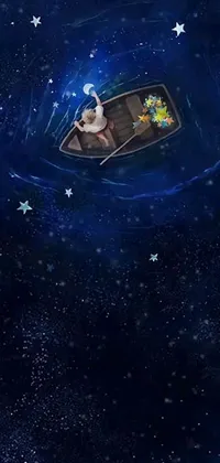 This captivating phone live wallpaper showcases a mystical illustration featuring a boat sailing amidst starry skies