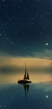 This live wallpaper depicts a serene view of a sailboat floating gently on a calm body of water under a beautiful night sky